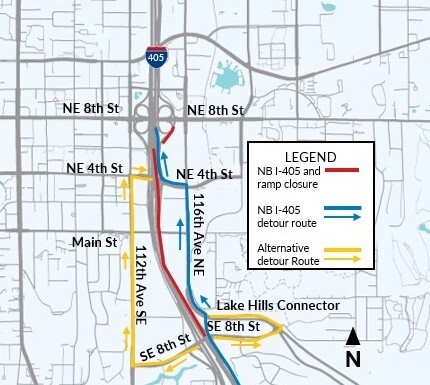 Detour map for the northbound I-405 closure in Bellevue from Southeast Eighth Street to Northeast Fourth Street.