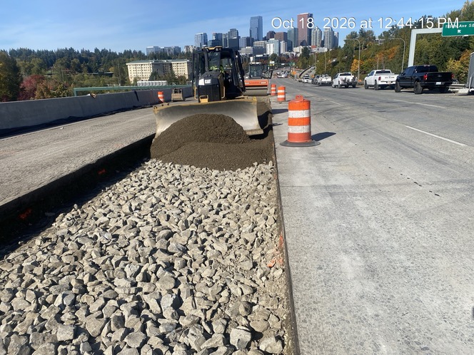 Crews work on full depth paving on northbound I-405 in Bellevue during a full weekend closure Oct. 16-19, 2026.