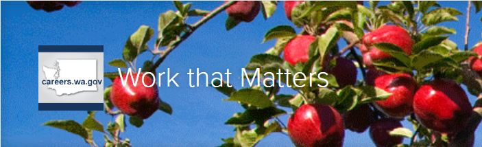 Image of Washington Apples with text: careers.wa.gov Work that Matters