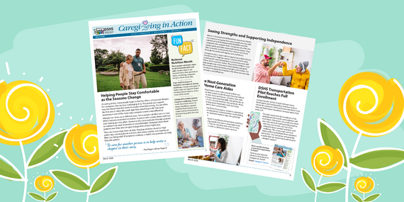 Thumbnails of the newsletter on a teal background with artisitic yellow flowers.