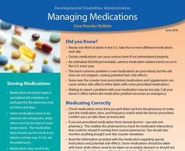 Managing Medications Care Provider Bulletin Picture.  Includes text and picture of medications.