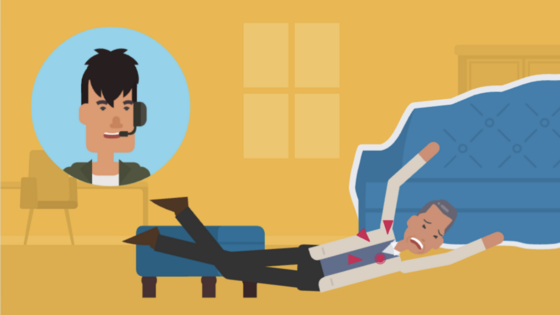 Illustration of a man falling over a footstool in his living room. An electronic device around his neck sends a signal to a tower.