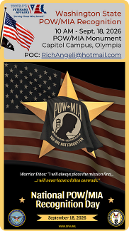 Washington State POW/MIA Recognition Event to be held in Olympia on September 18, 2026 – 10:00 a.m. POW/MIA Monument, Capitol Campus 