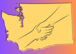 Helping hands drawn over an outline of Washington State, purple and orange gradient background