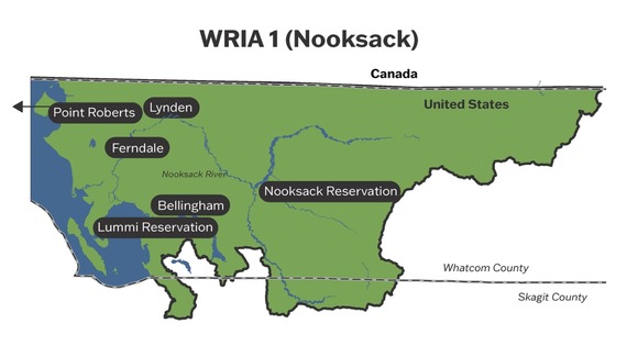 Map of WRIA 1 showing the Indian reservations and a few cities.