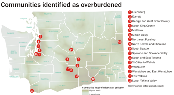 Map of the 16 communities in Washington identified as overburdened