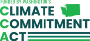 A green logo that reads "Funded by Washington's Climate Commitment Act" with an image of Washington.