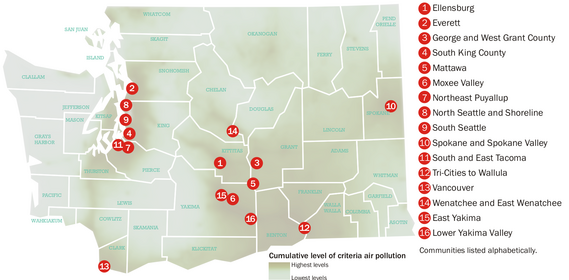 Map of the sixteen overburdened communities identified by Ecology.