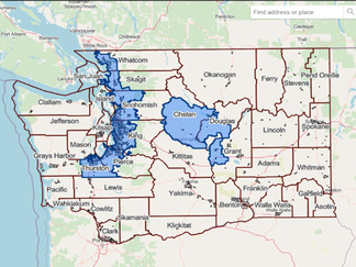 A map of Washington with Business Organics Management Areas shaded blue.