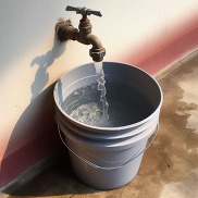 A bucket being filled with water from a hose bib.  Source:  Microsoft CoPilot