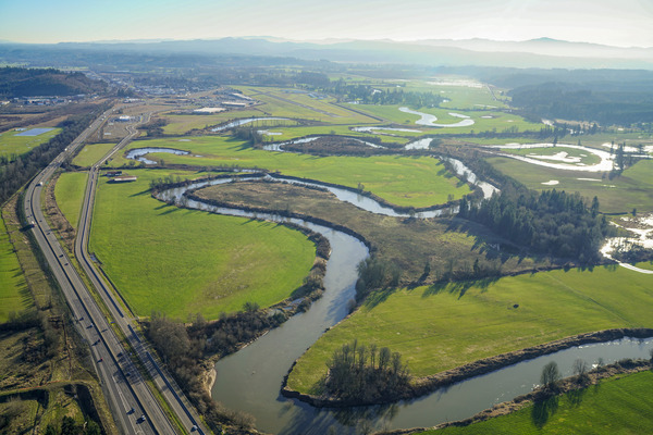 Aerial image of the Chehalis River with I-5 visible on the left side of the image