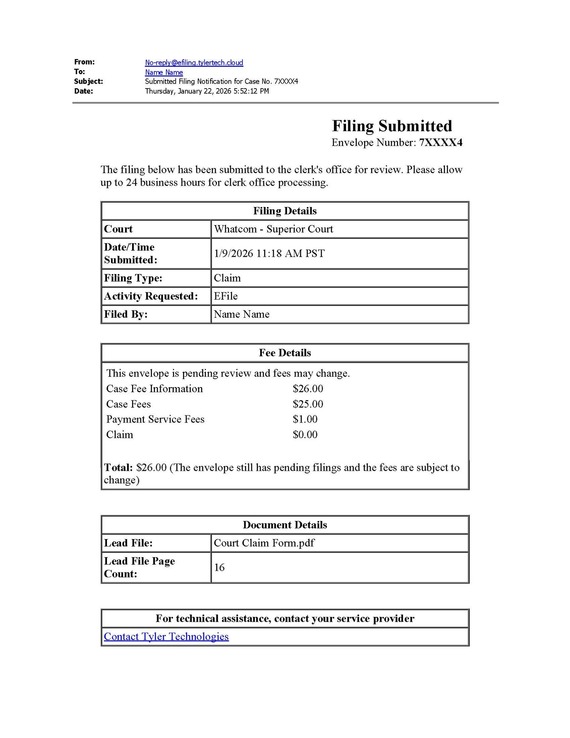 court claim form submitted email receipt