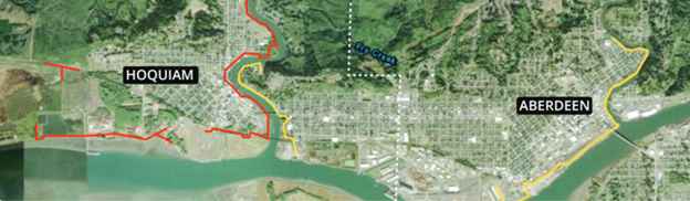 A satellite image of Aberdeen and Hoquiam and the proposed levee locations. 