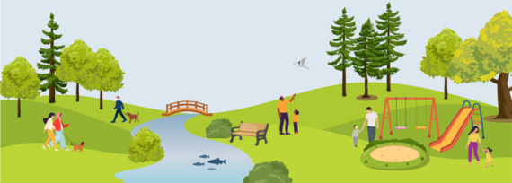 Illustration of a park with people, dogs, and a playground.