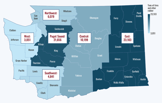 Map of Washington state with numbers representing total tons of tires and rubber disposed in each region.