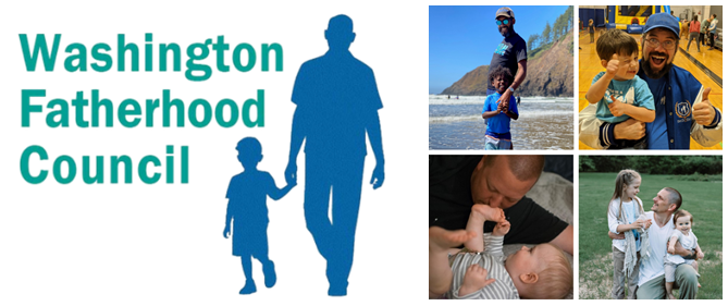 Fatherhood Council collage with logo and images of dads with their children