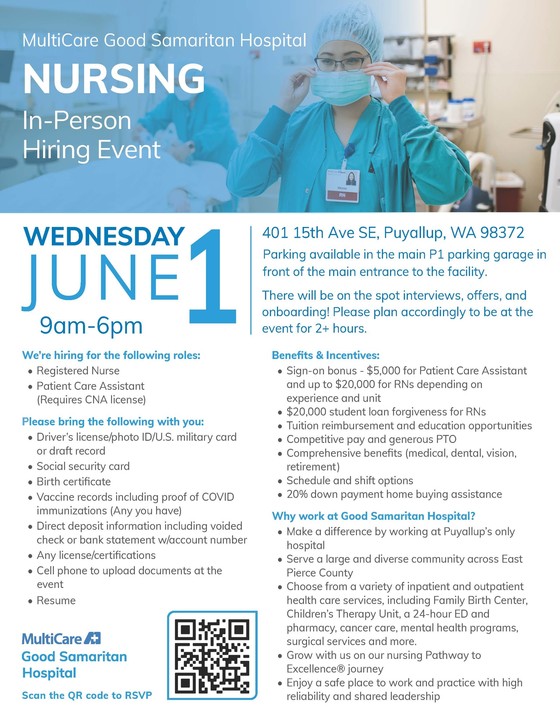 MultiCare Nursing hiring event flyer