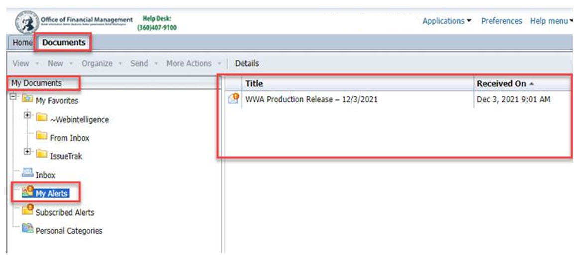 Screenshot showing alerts located under the Documents then My Documents then My Alerts in the BI Launchpad