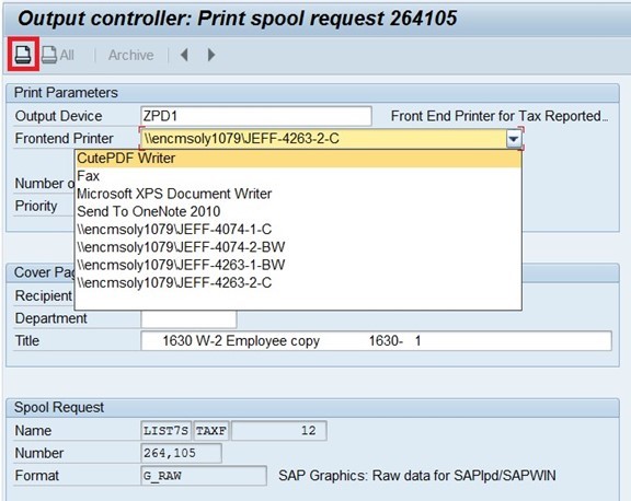 Screenshot of output controller print spool request