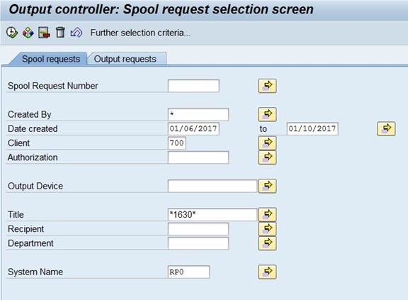 Screenshot of the output controller spool request selection screen