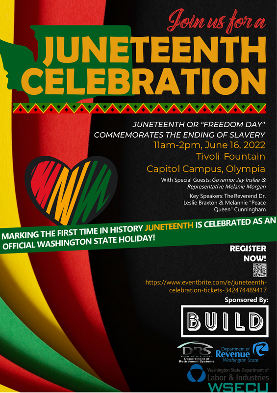 Juneteenth Flyer displayed in Red, Green, Gold, and Black colors with June 16th event date and registration link