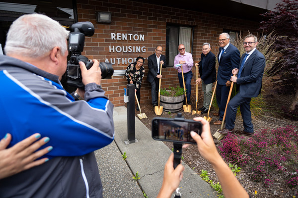 Federal, state, and local leaders and representatives help break ground at the new Sunset Gardens affordable housing complex in Renton