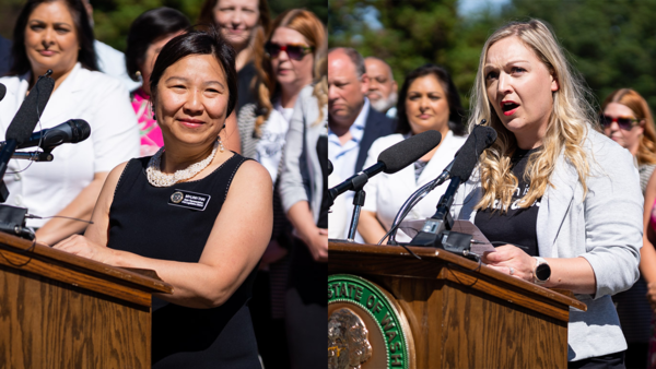 Rep. My-Linh Thai and Planned Parenthood Alliance WA Director Courtney Normand speak during a press conference