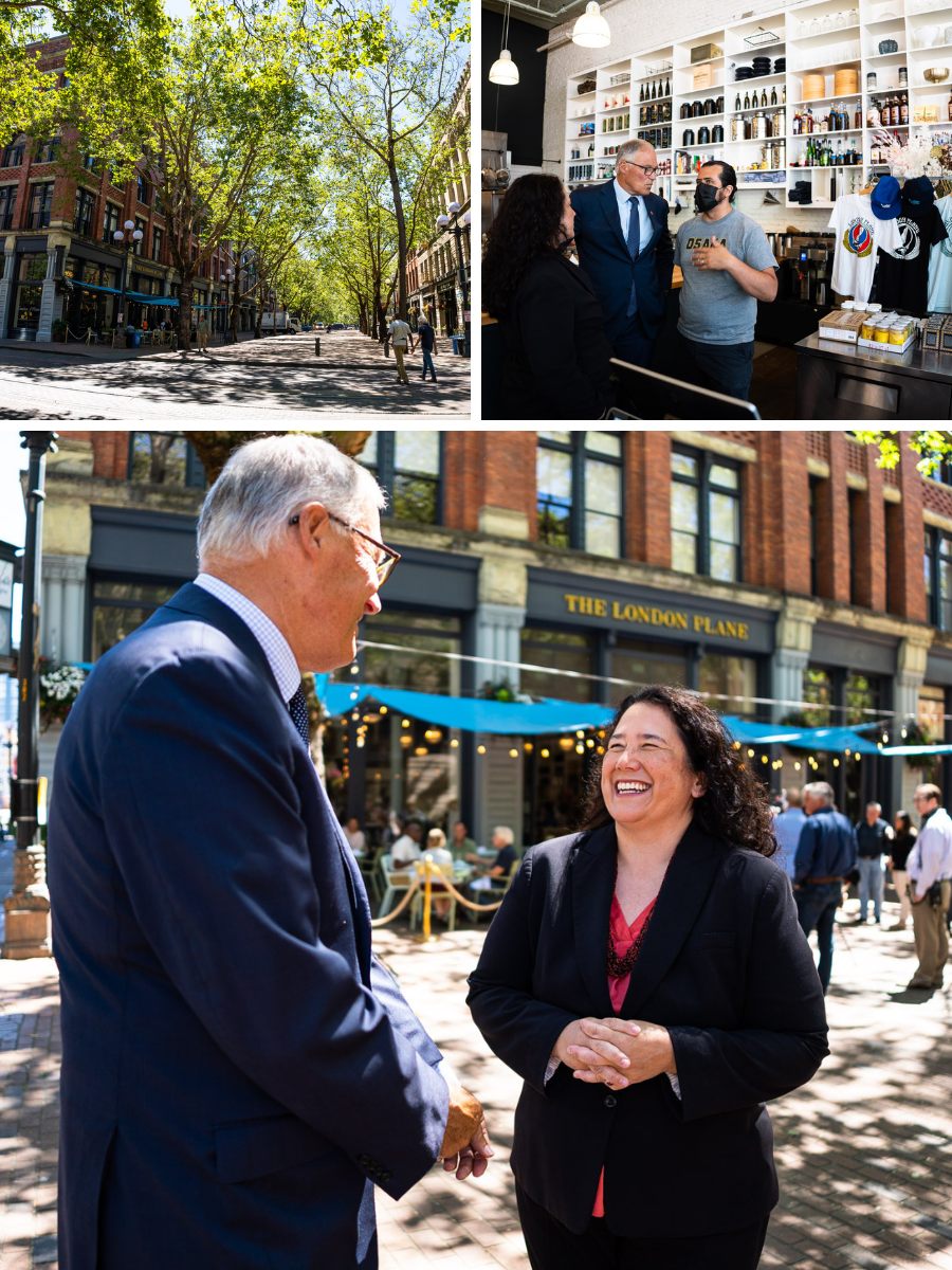 Gov. Jay Inslee and Isabel Casillas Guzman, head of the U.S. Small Business Administration, visited The London Plane in Seattle on Monday