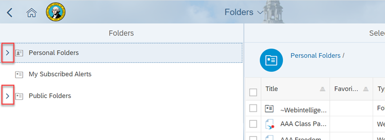 BI Folders Selection outlining Personal Folders and Public Folders