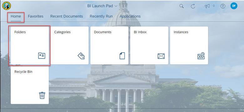 BI Launch Pad Home with Folders Selected