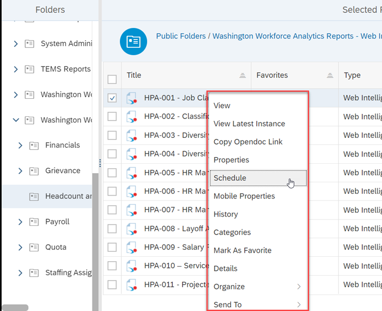 BI Folders outlining Right Mouse Click Options
