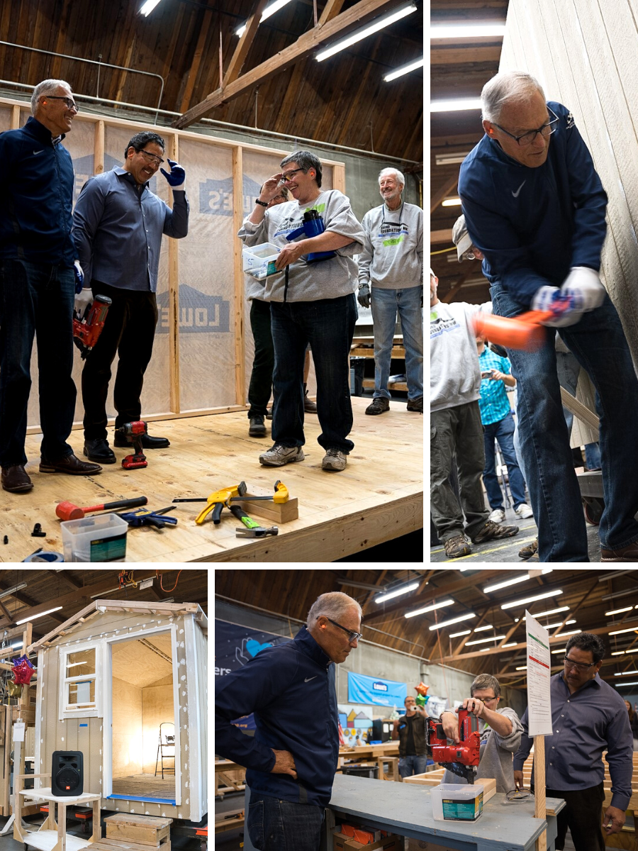 Gov. Jay Inslee and Seattle Mayor Bruce Harrell help volunteers build tiny homes.