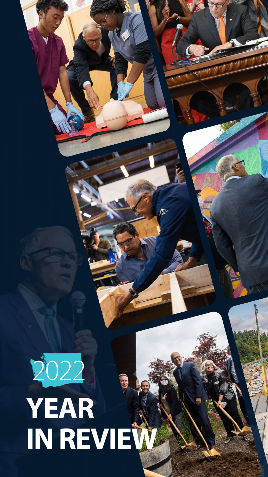 A photo collage of Gov. Jay Inslee's activities throughout the year, including helping build a tiny home in Seattle.