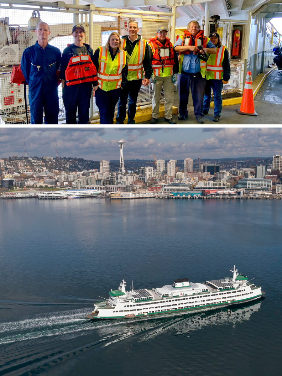 Ferry workers pose for a photo. A ferry boat sails by Seattle.