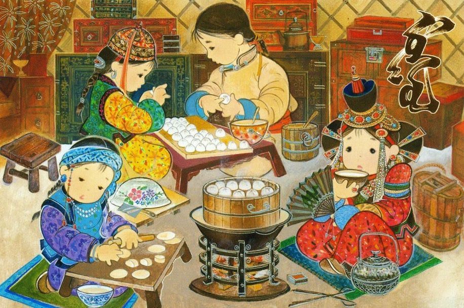 Illustration of Mongolian Lunar New Year Celebration