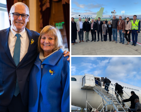 Gov. Jay Inslee and First Spouse Trudi Inslee wear pins to express solidarity with Ukraine. 