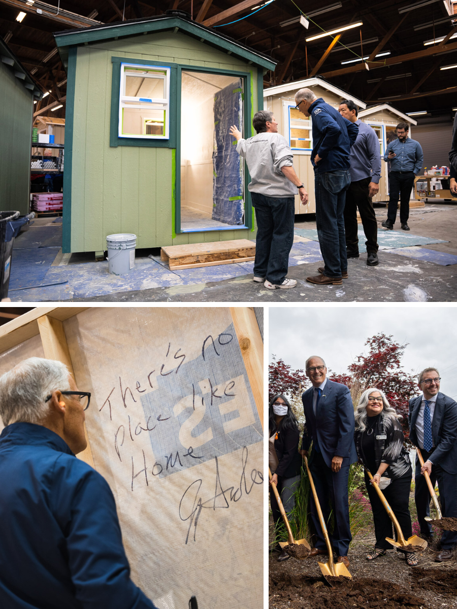 Gov. Jay Inslee helps build a tiny home and break ground at an affordable housing development.