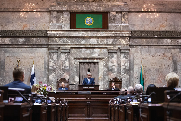 Finnish President Sauli Niinist? addresses a joint session of the state Legislature in the Senate Chamber.