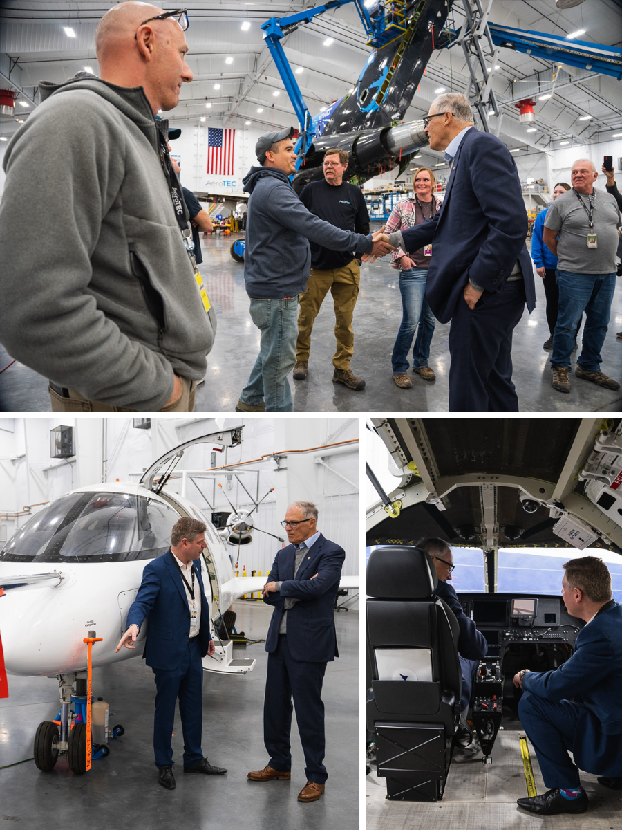 Gov. Jay Inslee visited Moses Lake on March 28 to speak with sustainable aviation and battery production innovators.