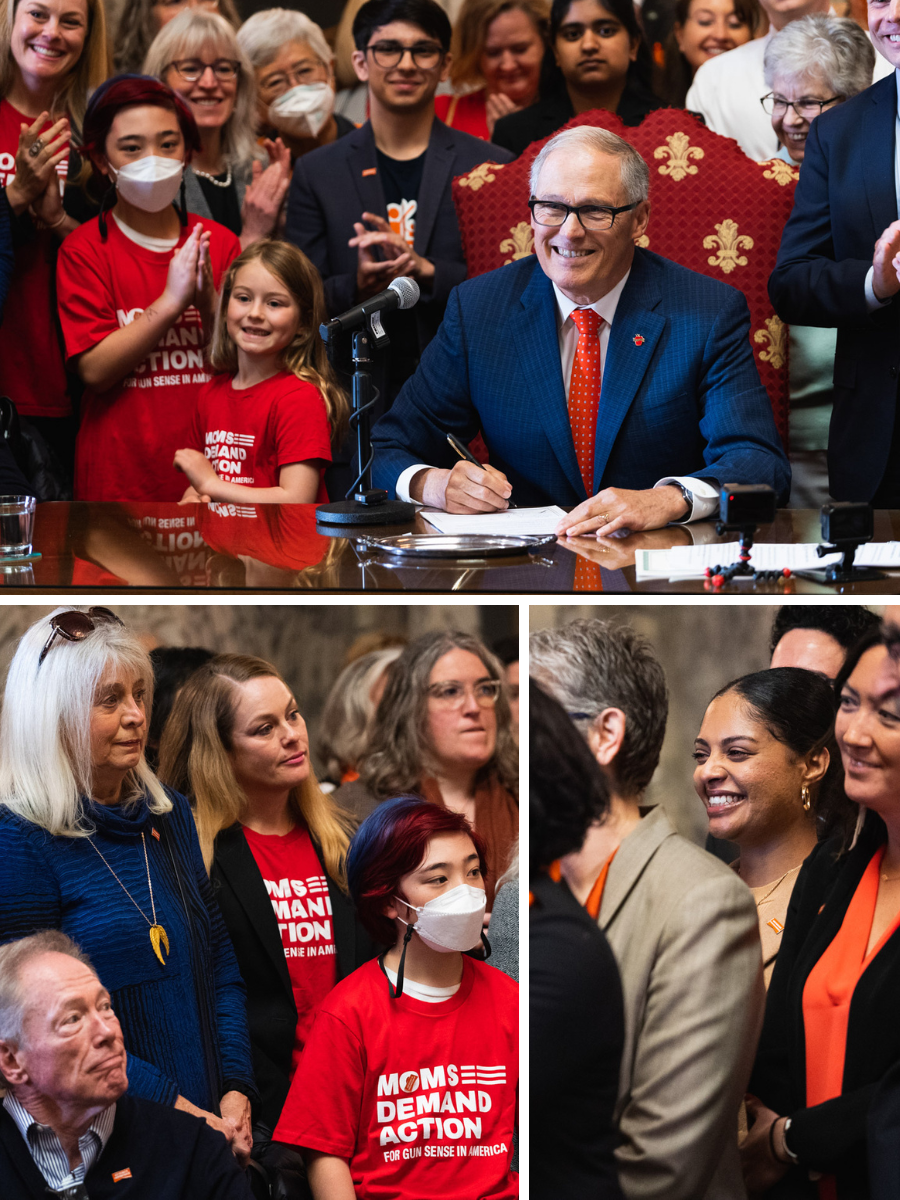 Surrounded by survivors and family members and lawmakers, Gov. Jay Inslee signed three gun violence prevention bills Tuesday.