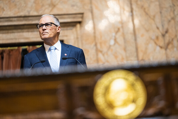 Gov. Jay Inslee addresses the Legislature during his 2023 State of the State address.
