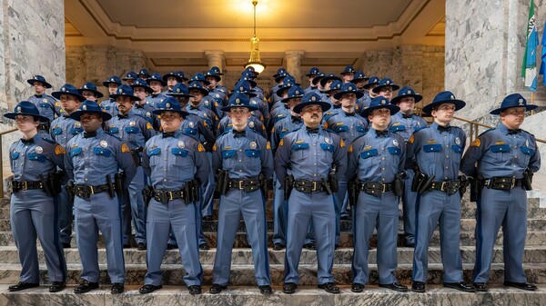 The graduating class of the Washington State Patrol?s 117th Trooper Basic Training 