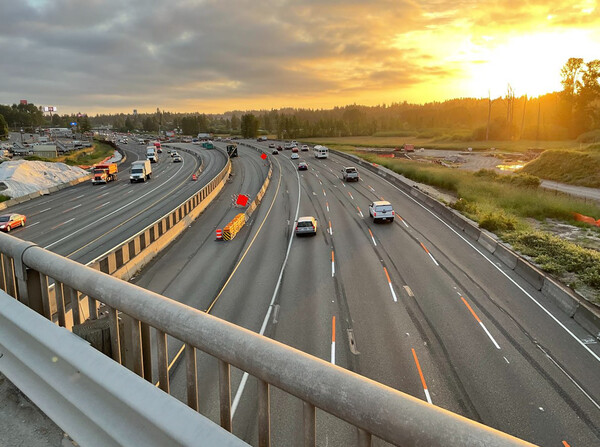 New orange striping on I-5 near Fife indicates a construction zone and reduced speed limit.