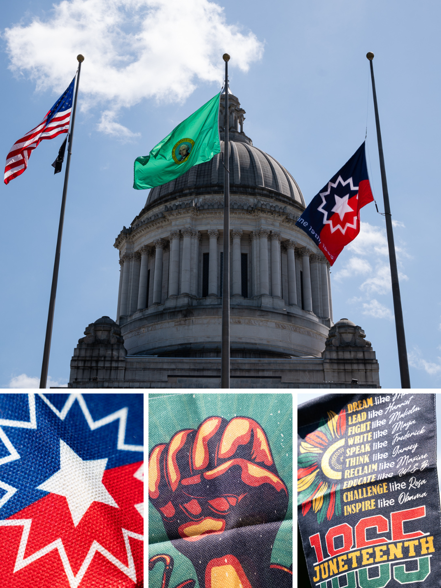 State employees gathered to raise a Juneteenth flag over the Washington State Capitol on Thursday.