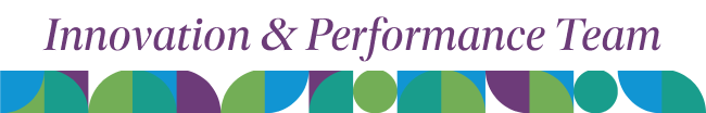 Innovation & Performance Team. A weave of blue, teal, green, & purple colors sit below the text.