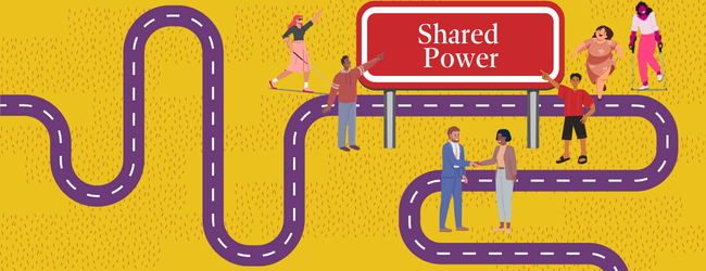 A purple highway snakes through a yellow field where a bunch of various people are gathering around a sign that says "Shared Power."