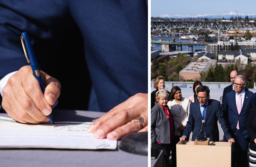 Photos from bill signing; left shows Gov Inslee signing a bill and right photo shows AG Ferguson speaking at podium