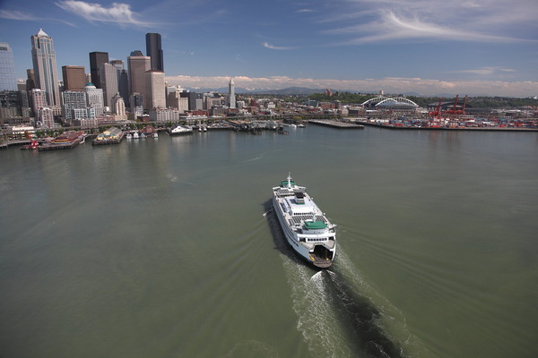 The M/V Wenatchee approaches the Seattle Skyline in 2011.