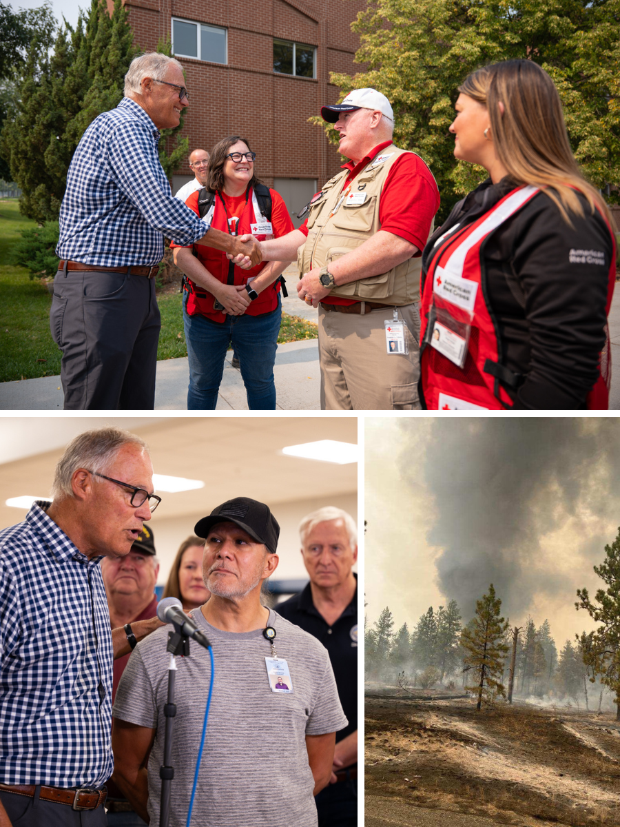 Gov. Jay Inslee met volunteers, responders, evacuees, and others affected by wildfires in Spokane County on Sunday.