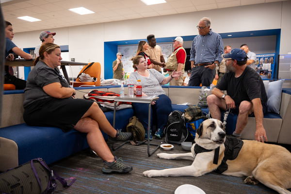 Gov. Jay Inslee meets evacuees displaced by wildfires in Spokane County.